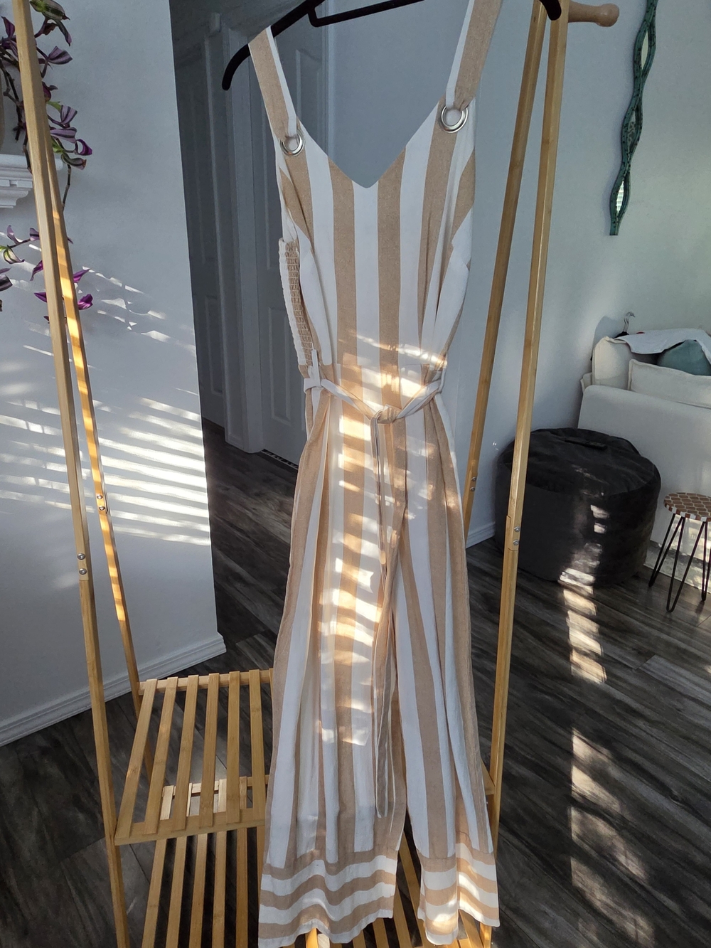 Japna Beige & White Striped Sleeveless Maxi Jumpsuit